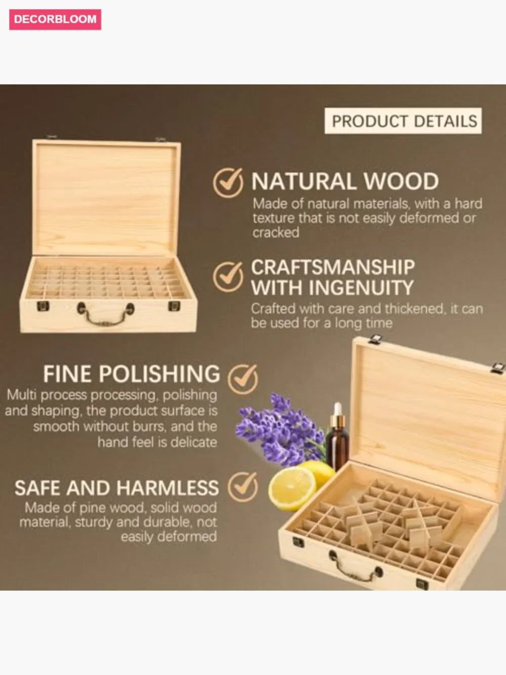 Wooden Essential Oil Storage Box Travel Case Holds 80 Bottles 5-15ml